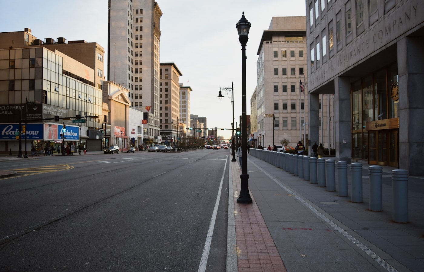 City street with buildings and lamp post.